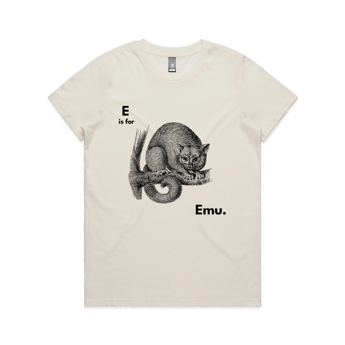 E Is For Emu Tee by Lonely Kids Club. All clothing from our T-shirts to our shorts and hoodies are ethically made, and printed packed and shipped from Sydney.