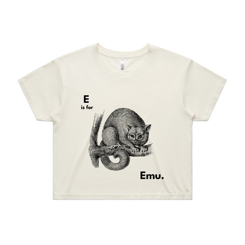 E Is For Emu Tee by Lonely Kids Club. All clothing from our T-shirts to our shorts and hoodies are ethically made, and printed packed and shipped from Sydney.