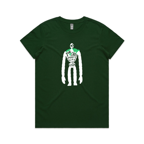Earth Speaks Tee by Lonely Kids Club. All clothing from our T-shirts to our shorts and hoodies are ethically made, and printed packed and shipped from Sydney.