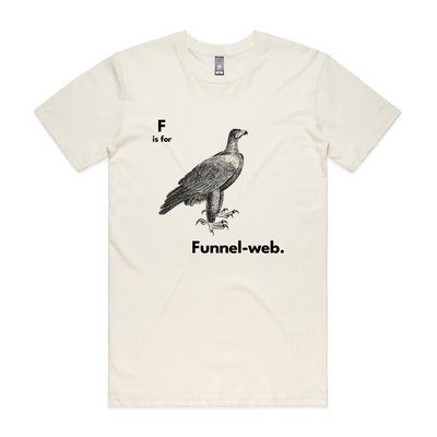 F Is For Funnel Web Tee by Lonely Kids Club. All clothing from our T-shirts to our shorts and hoodies are ethically made, and printed packed and shipped from Sydney.