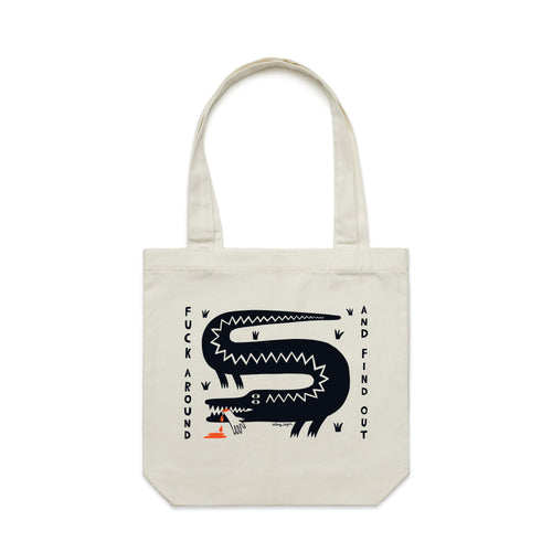 Fuck Around And Find Out Tote by Lonely Kids Club. All clothing from our T-shirts to our shorts and hoodies are ethically made, and printed packed and shipped from Sydney.