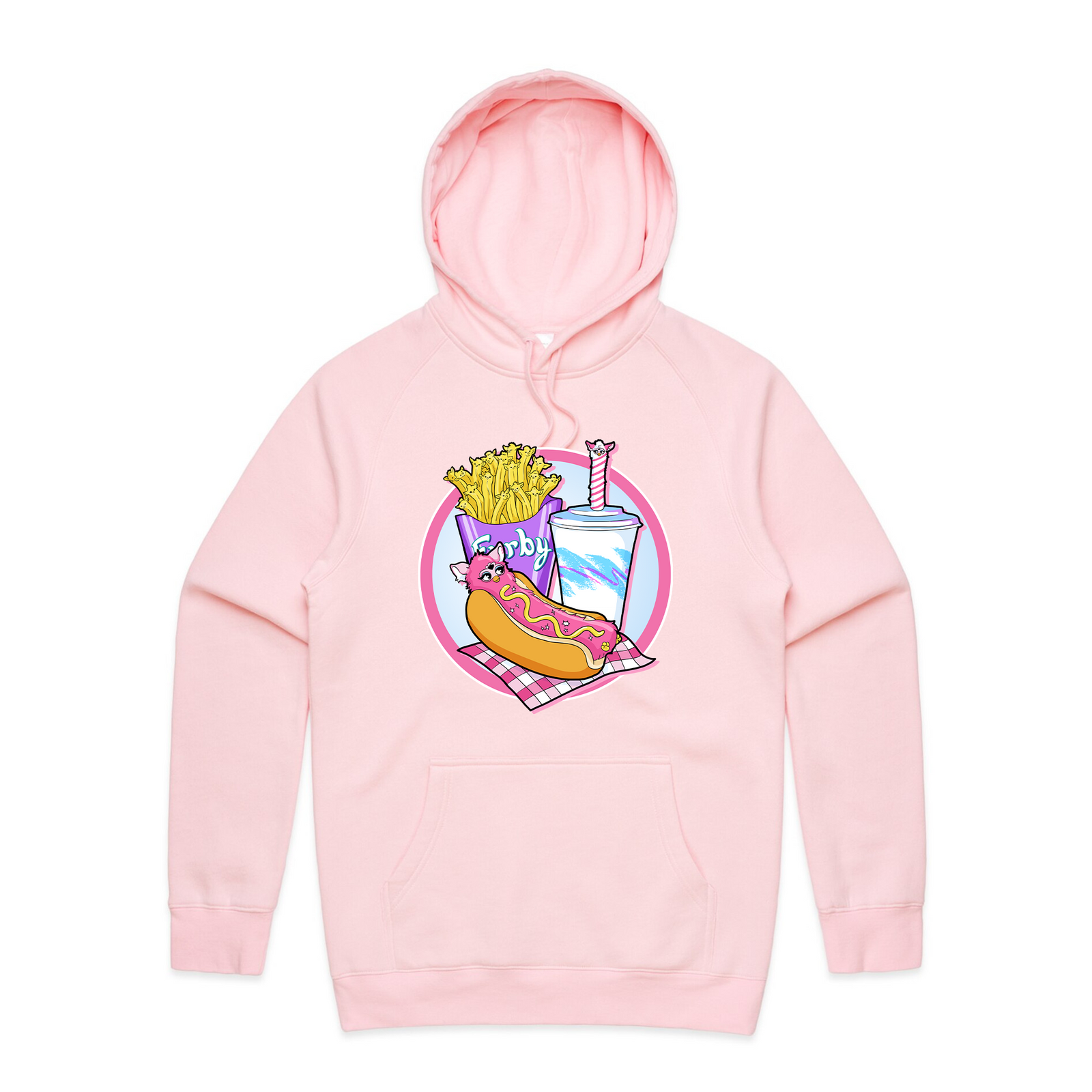 Furby Snacks Hoodie by Lonely Kids Club. All clothing from our T-shirts to our shorts and hoodies are ethically made, and printed packed and shipped from Sydney.