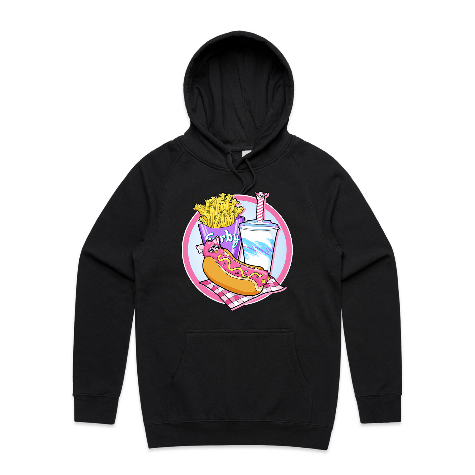 Furby Snacks Hoodie by Lonely Kids Club. All clothing from our T-shirts to our shorts and hoodies are ethically made, and printed packed and shipped from Sydney.