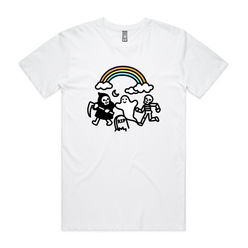 Grim Ghost Skeleton Tee by Lonely Kids Club. All clothing from our T-shirts to our shorts and hoodies are ethically made, and printed packed and shipped from Sydney.