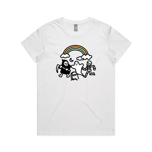 Grim Ghost Skeleton Tee by Lonely Kids Club. All clothing from our T-shirts to our shorts and hoodies are ethically made, and printed packed and shipped from Sydney.