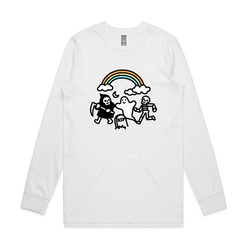 Grim Ghost Skeleton Tee by Lonely Kids Club. All clothing from our T-shirts to our shorts and hoodies are ethically made, and printed packed and shipped from Sydney.