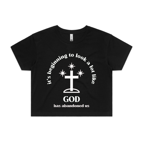 God Has Abandoned Us Tee by Lonely Kids Club. All clothing from our T-shirts to our shorts and hoodies are ethically made, and printed packed and shipped from Sydney.