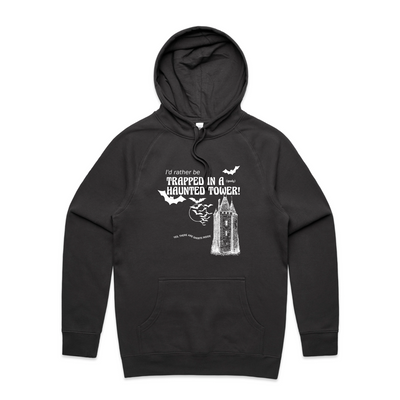 Haunted Tower Hoodie by Lonely Kids Club. All clothing from our T-shirts to our shorts and hoodies are ethically made, and printed packed and shipped from Sydney.