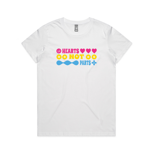 Hearts Not Parts Tee by Lonely Kids Club. All clothing from our T-shirts to our shorts and hoodies are ethically made, and printed packed and shipped from Sydney.