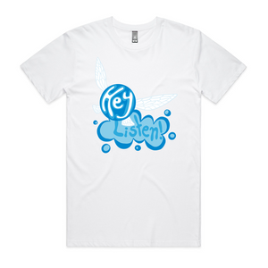 Hey Listen Tee by Lonely Kids Club. All clothing from our T-shirts to our shorts and hoodies are ethically made, and printed packed and shipped from Sydney.