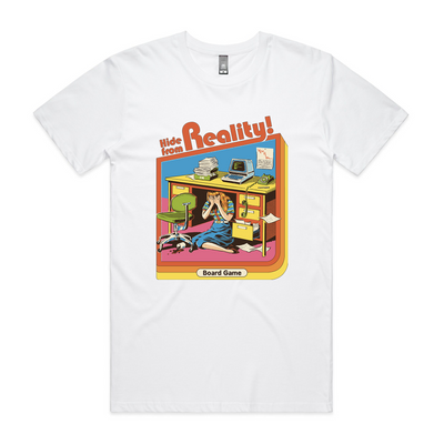 Hide From Reality Tee by Lonely Kids Club. All clothing from our T-shirts to our shorts and hoodies are ethically made, and printed packed and shipped from Sydney.