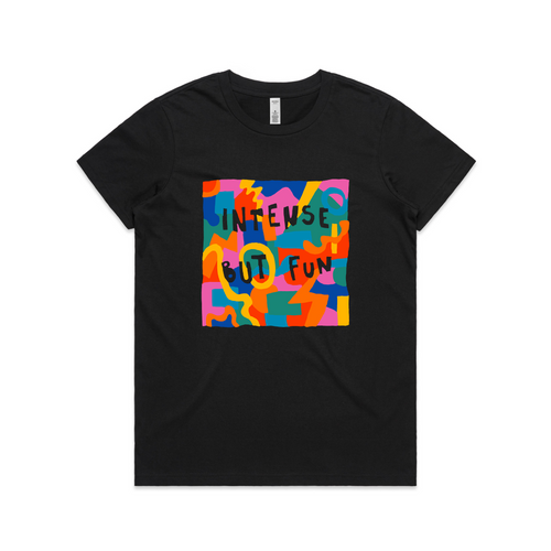 Intense But Fun Tee by Lonely Kids Club. All clothing from our T-shirts to our shorts and hoodies are ethically made, and printed packed and shipped from Sydney.