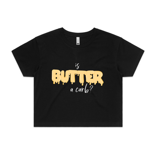 Is Butter A Carb? Tee by Lonely Kids Club. All clothing from our T-shirts to our shorts and hoodies are ethically made, and printed packed and shipped from Sydney.