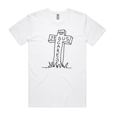 Jesus Scares Tee by Lonely Kids Club. All clothing from our T-shirts to our shorts and hoodies are ethically made, and printed packed and shipped from Sydney.