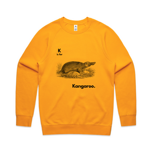 K Is For Kangaroo Jumper by Lonely Kids Club. All clothing from our T-shirts to our shorts and hoodies are ethically made, and printed packed and shipped from Sydney.