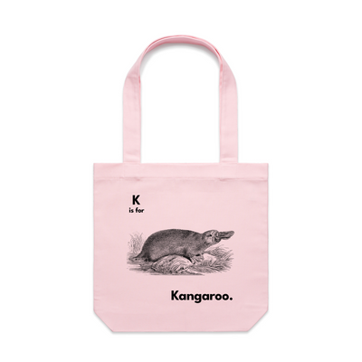 K Is For Kangaroo Tote by Lonely Kids Club. All clothing from our T-shirts to our shorts and hoodies are ethically made, and printed packed and shipped from Sydney.