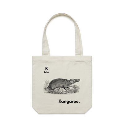 K Is For Kangaroo Tote by Lonely Kids Club. All clothing from our T-shirts to our shorts and hoodies are ethically made, and printed packed and shipped from Sydney.