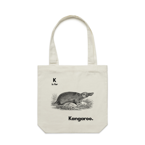 K Is For Kangaroo Tote by Lonely Kids Club. All clothing from our T-shirts to our shorts and hoodies are ethically made, and printed packed and shipped from Sydney.