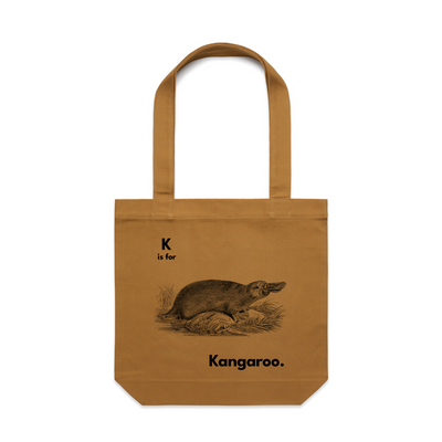 K Is For Kangaroo Tote by Lonely Kids Club. All clothing from our T-shirts to our shorts and hoodies are ethically made, and printed packed and shipped from Sydney.