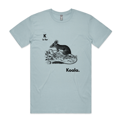 K Is For Koala Tee by Lonely Kids Club. All clothing from our T-shirts to our shorts and hoodies are ethically made, and printed packed and shipped from Sydney.