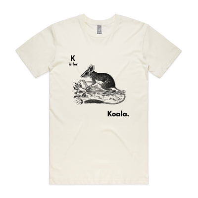 K Is For Koala Tee by Lonely Kids Club. All clothing from our T-shirts to our shorts and hoodies are ethically made, and printed packed and shipped from Sydney.