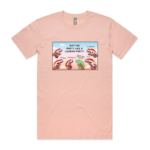 Lesbian Party Tee by Lonely Kids Club. All clothing from our T-shirts to our shorts and hoodies are ethically made, and printed packed and shipped from Sydney.