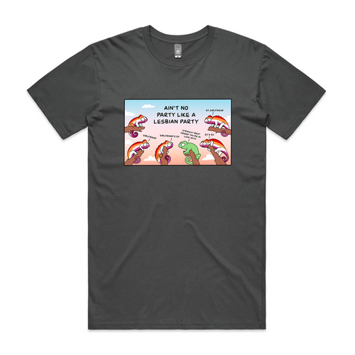 Lesbian Party Tee by Lonely Kids Club. All clothing from our T-shirts to our shorts and hoodies are ethically made, and printed packed and shipped from Sydney.