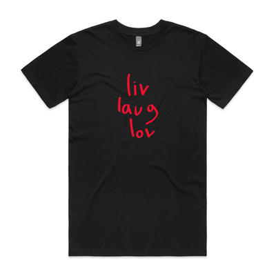Liv Laug Lov Tee by Lonely Kids Club. All clothing from our T-shirts to our shorts and hoodies are ethically made, and printed packed and shipped from Sydney.