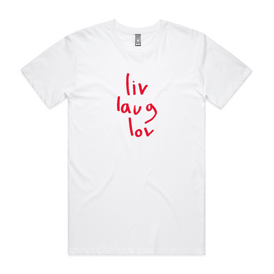 Liv Laug Lov Tee by Lonely Kids Club. All clothing from our T-shirts to our shorts and hoodies are ethically made, and printed packed and shipped from Sydney.