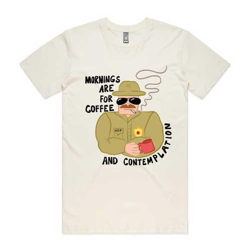 Mornings Tee by Lonely Kids Club. All clothing from our T-shirts to our shorts and hoodies are ethically made, and printed packed and shipped from Sydney.