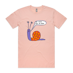 My Eyes Are Up Here Tee by Lonely Kids Club. All clothing from our T-shirts to our shorts and hoodies are ethically made, and printed packed and shipped from Sydney.