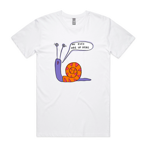 My Eyes Are Up Here Tee by Lonely Kids Club. All clothing from our T-shirts to our shorts and hoodies are ethically made, and printed packed and shipped from Sydney.