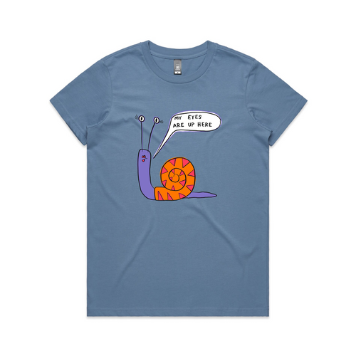 My Eyes Are Up Here Tee by Lonely Kids Club. All clothing from our T-shirts to our shorts and hoodies are ethically made, and printed packed and shipped from Sydney.