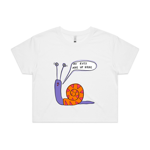 My Eyes Are Up Here Tee by Lonely Kids Club. All clothing from our T-shirts to our shorts and hoodies are ethically made, and printed packed and shipped from Sydney.