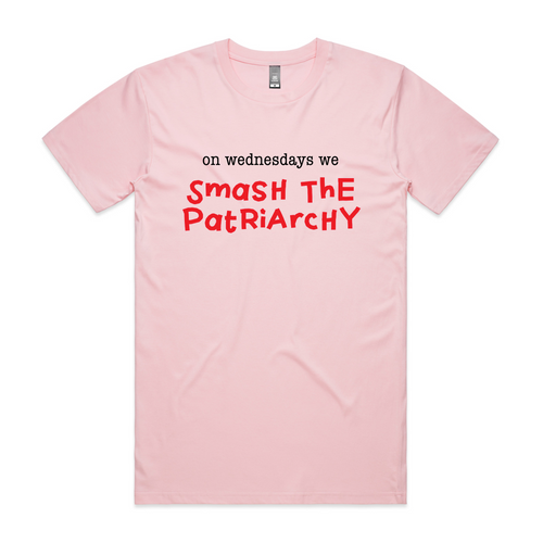 On Wednesdays We Smash The Patriarchy Tee by Lonely Kids Club. All clothing from our T-shirts to our shorts and hoodies are ethically made, and printed packed and shipped from Sydney.