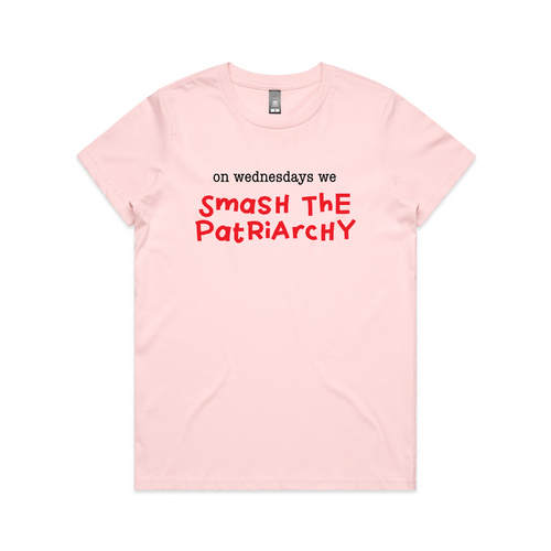 On Wednesdays We Smash The Patriarchy Tee by Lonely Kids Club. All clothing from our T-shirts to our shorts and hoodies are ethically made, and printed packed and shipped from Sydney.