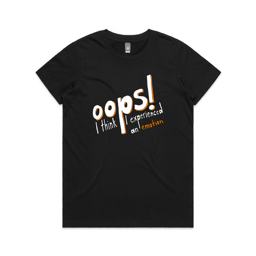Oops, An Emotion Tee by Lonely Kids Club. All clothing from our T-shirts to our shorts and hoodies are ethically made, and printed packed and shipped from Sydney.