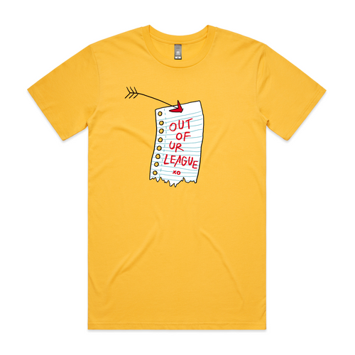 Out Of Ur League Tee by Lonely Kids Club. All clothing from our T-shirts to our shorts and hoodies are ethically made, and printed packed and shipped from Sydney.