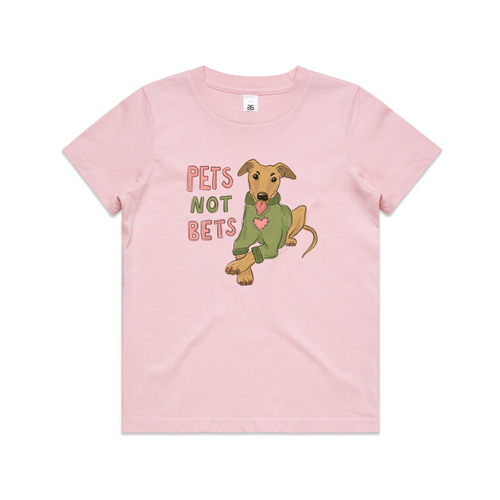 Pets Not Bets Kids Tee by Lonely Kids Club. All clothing from our T-shirts to our shorts and hoodies are ethically made, and printed packed and shipped from Sydney.