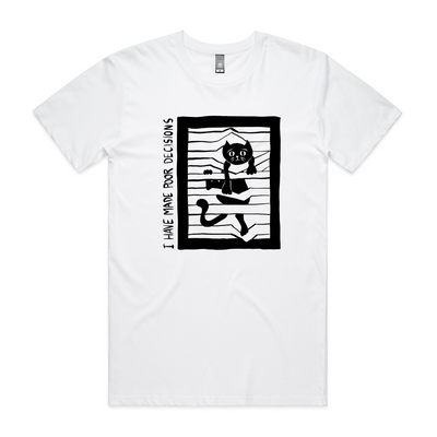 Poor Decisions Tee by Lonely Kids Club. All clothing from our T-shirts to our shorts and hoodies are ethically made, and printed packed and shipped from Sydney.