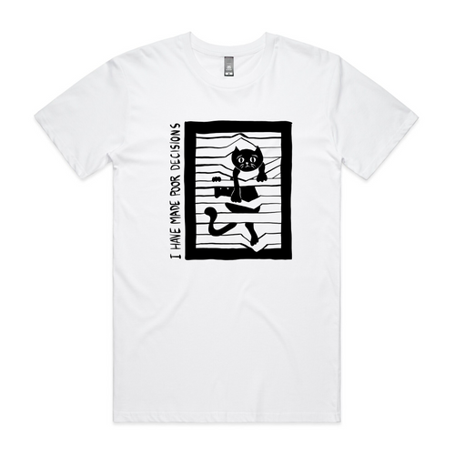 Poor Decisions Tee by Lonely Kids Club. All clothing from our T-shirts to our shorts and hoodies are ethically made, and printed packed and shipped from Sydney.