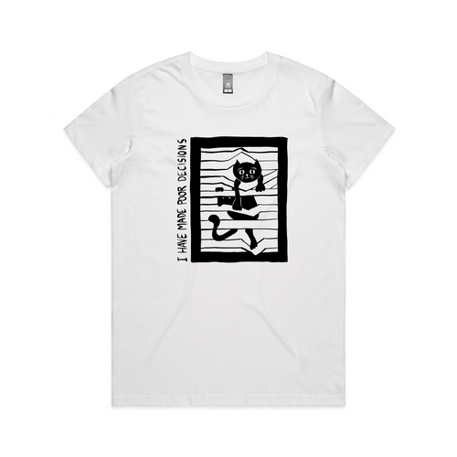 Poor Decisions Tee by Lonely Kids Club. All clothing from our T-shirts to our shorts and hoodies are ethically made, and printed packed and shipped from Sydney.