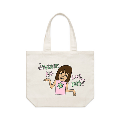 Porque No Los Dos Tote by Lonely Kids Club. All clothing from our T-shirts to our shorts and hoodies are ethically made, and printed packed and shipped from Sydney.