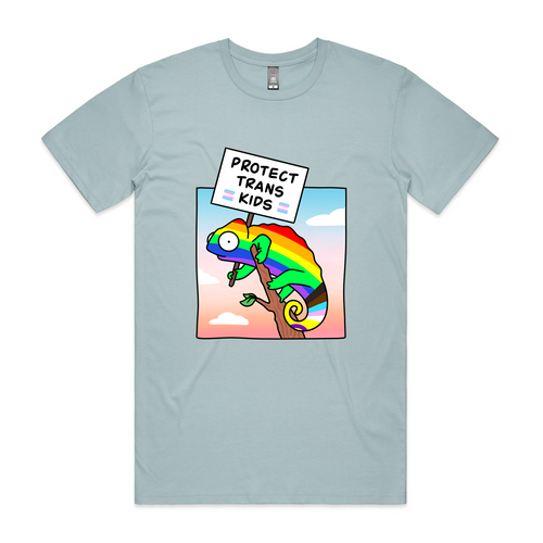 Protect Trans Kids Tee by Lonely Kids Club. All clothing from our T-shirts to our shorts and hoodies are ethically made, and printed packed and shipped from Sydney.