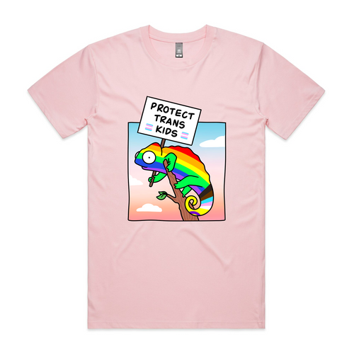 Protect Trans Kids Tee by Lonely Kids Club. All clothing from our T-shirts to our shorts and hoodies are ethically made, and printed packed and shipped from Sydney.