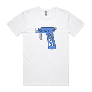 Put Down The Gun Tee by Lonely Kids Club. All clothing from our T-shirts to our shorts and hoodies are ethically made, and printed packed and shipped from Sydney.