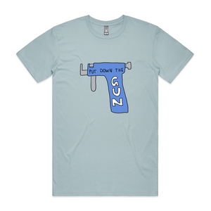 Put Down The Gun Tee by Lonely Kids Club. All clothing from our T-shirts to our shorts and hoodies are ethically made, and printed packed and shipped from Sydney.
