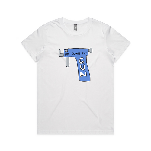 Put Down The Gun Tee by Lonely Kids Club. All clothing from our T-shirts to our shorts and hoodies are ethically made, and printed packed and shipped from Sydney.