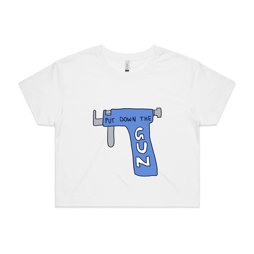 Put Down The Gun Tee by Lonely Kids Club. All clothing from our T-shirts to our shorts and hoodies are ethically made, and printed packed and shipped from Sydney.