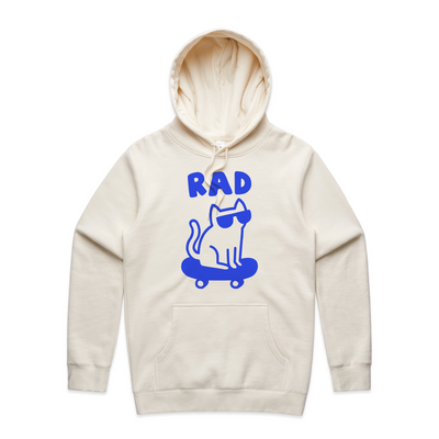 Rad Cat Hoodie by Lonely Kids Club. All clothing from our T-shirts to our shorts and hoodies are ethically made, and printed packed and shipped from Sydney.